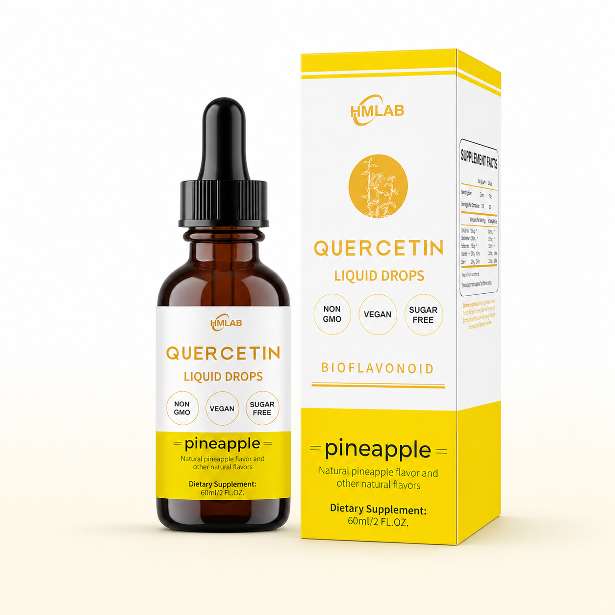 HMLAB Quercetin Liquid Drops bottle and pineapple-flavor box